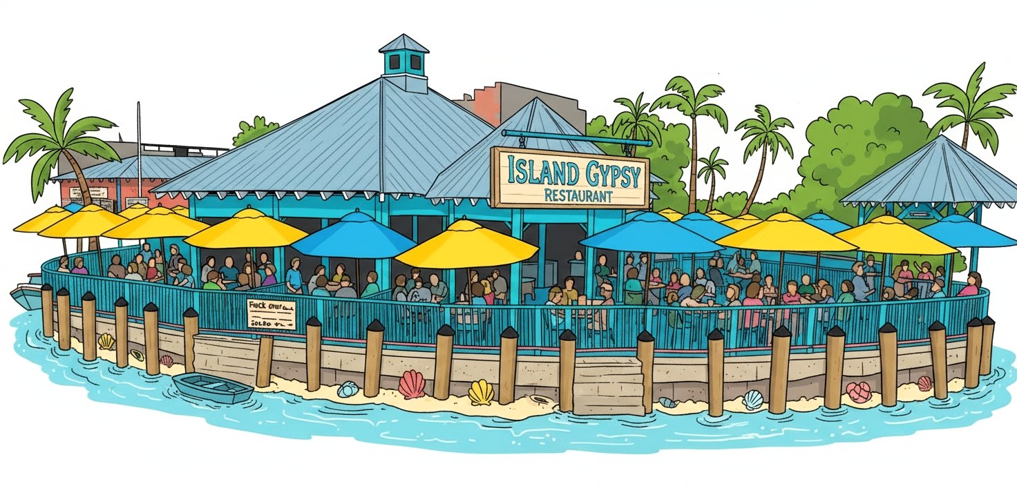 Casual waterfront dining at Island Gypsy Cafe on Marco Island with colorful umbrellas.