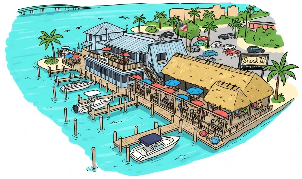 Famous chickee hut bar at Snook Inn on Marco Island filled with patrons.
